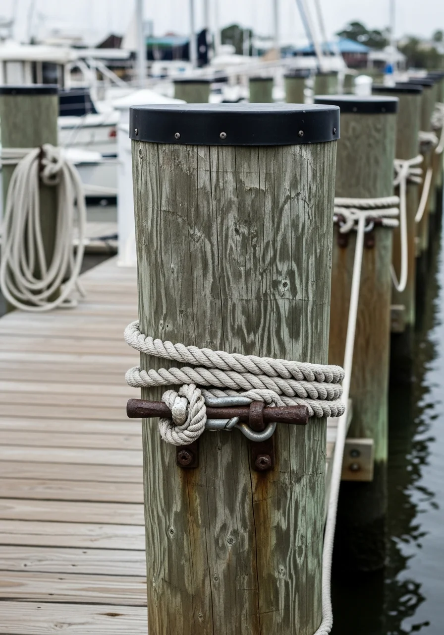 Detailed view of weathered wooden dock pilings and rope hardware on a Beaufort working waterfront structure.