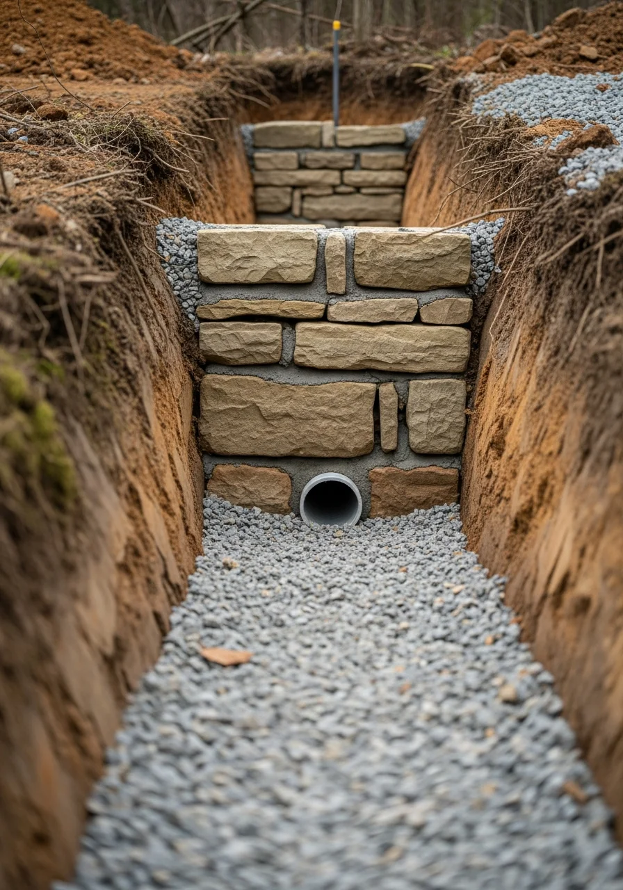 Close-up of stone foundation and drainage system on a Beckley hillside property showing erosion control measures.