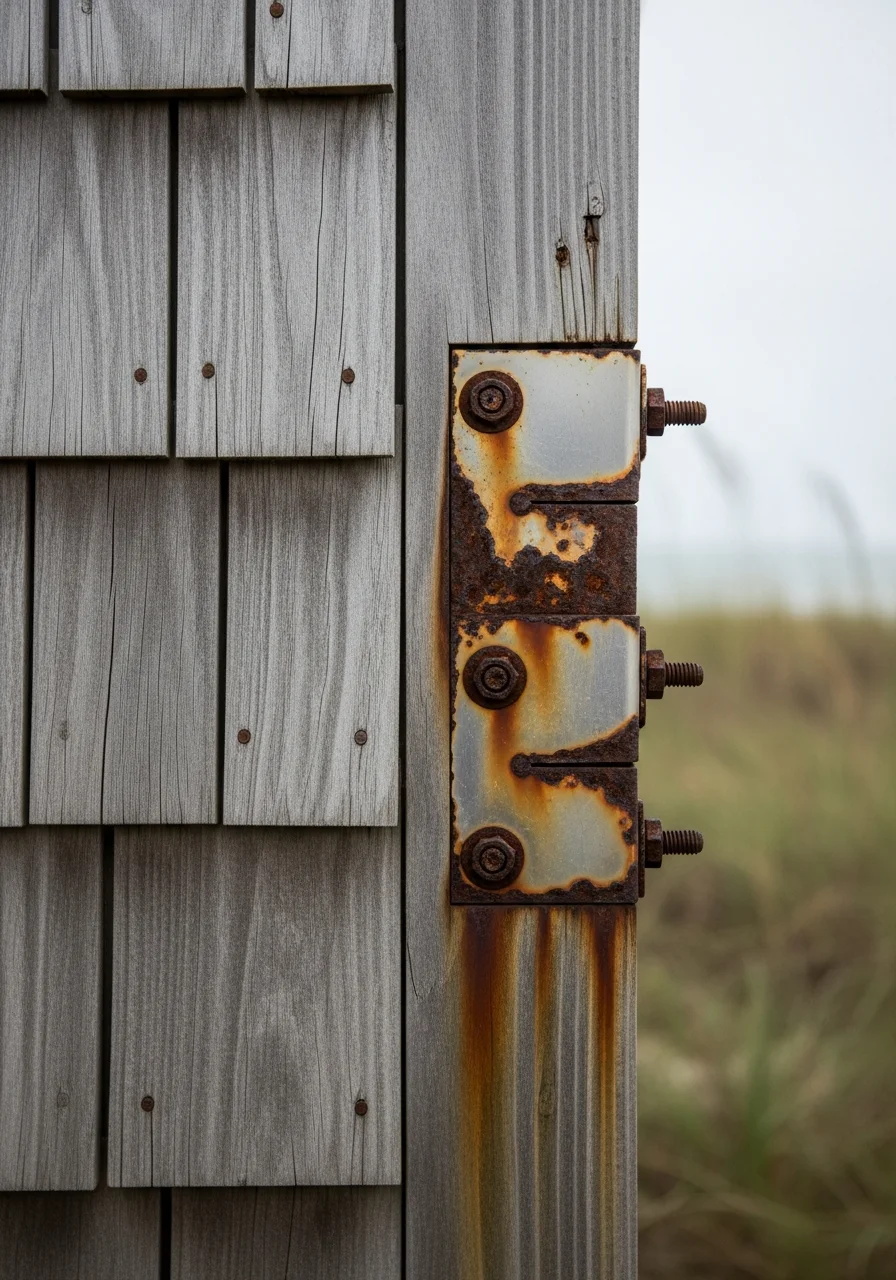 Detailed view of corrosion-resistant hardware and weathered wood siding on an Emerald Isle oceanfront property.