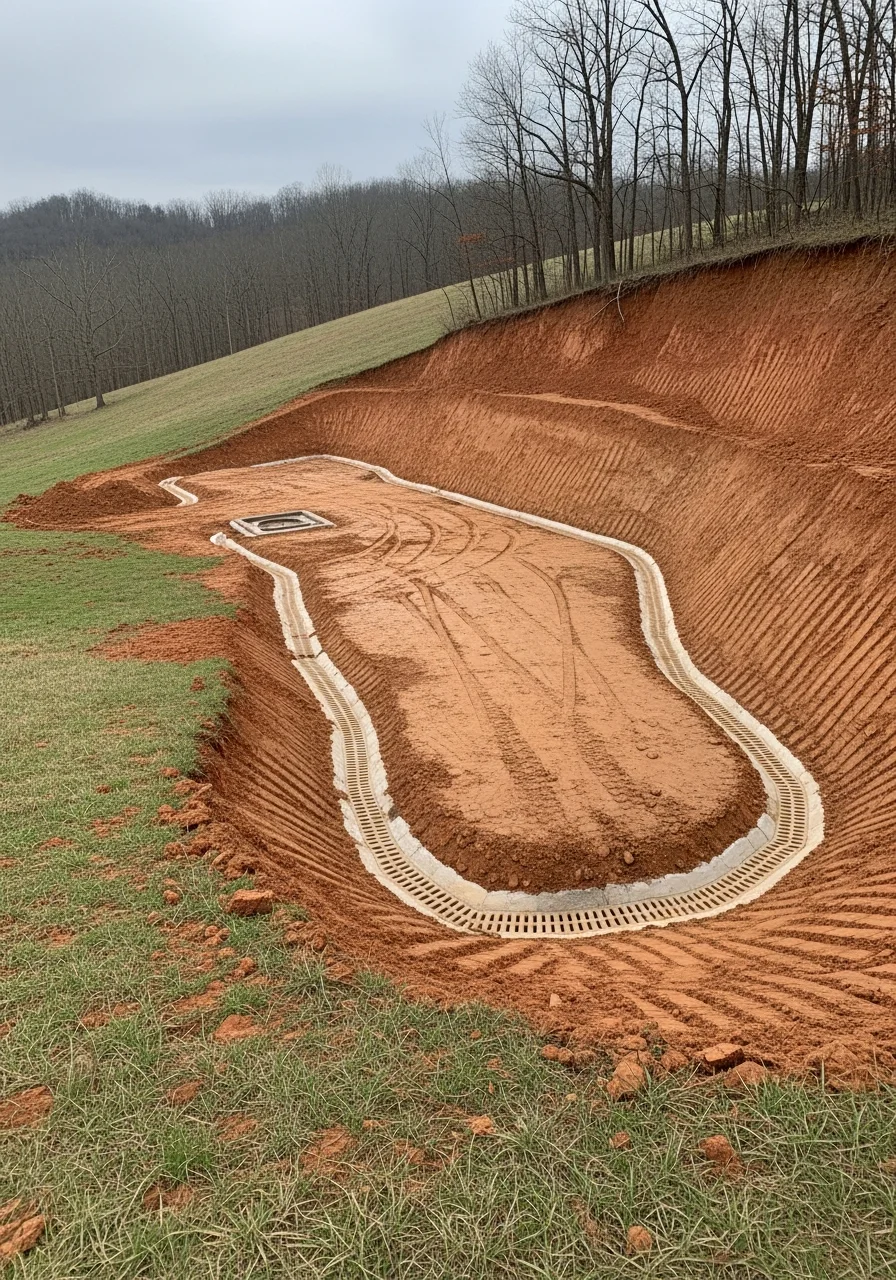 Detail of drainage system and foundation work on an Oak Hill hillside property showing erosion control.