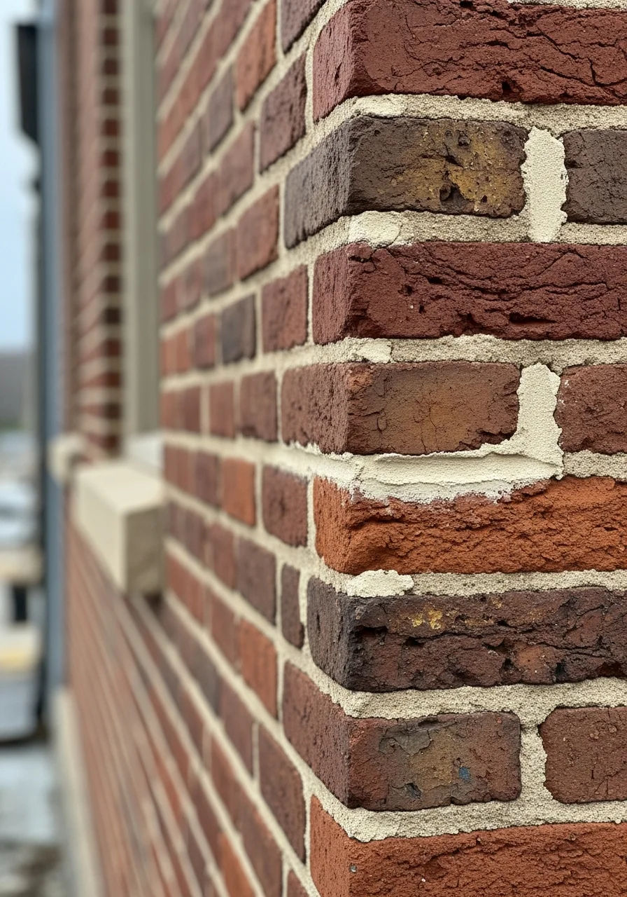 Detail of restored brick and mortar on a historic Princeton downtown building showing preservation work.