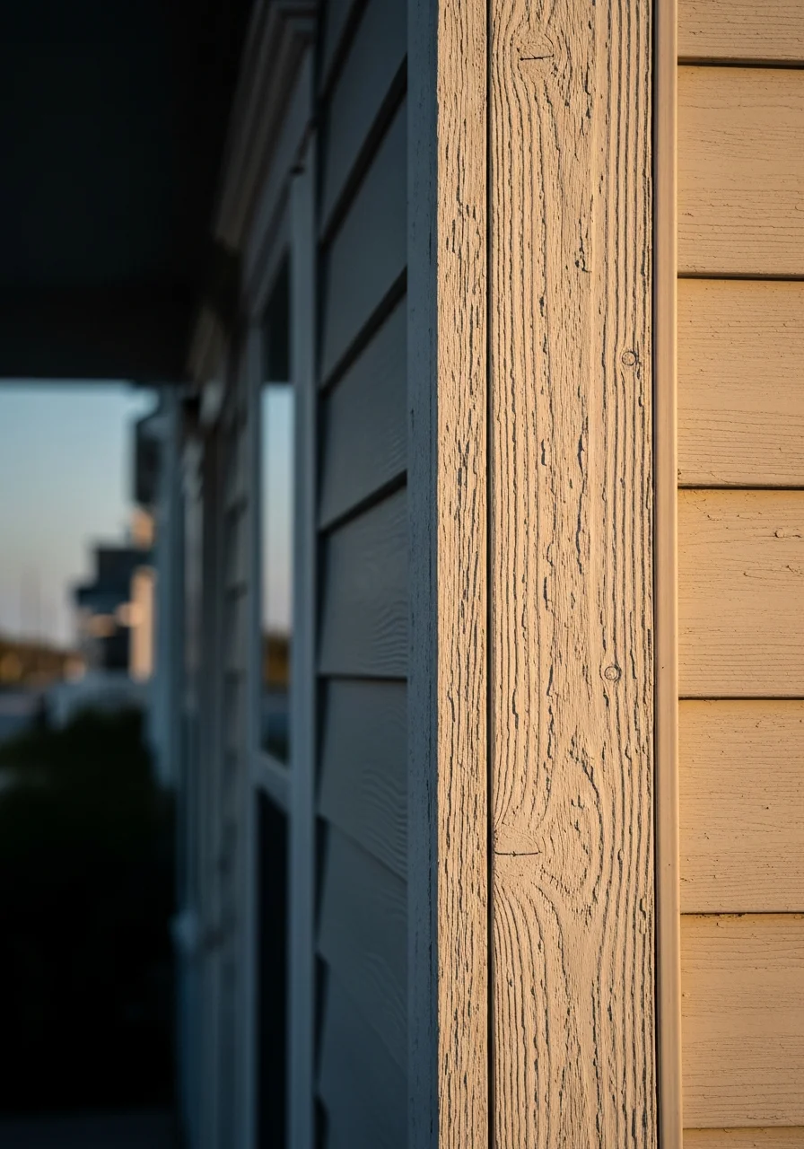 Close-up of weathered coastal siding and trim on a Swansboro residence, demonstrating salt-air durability.