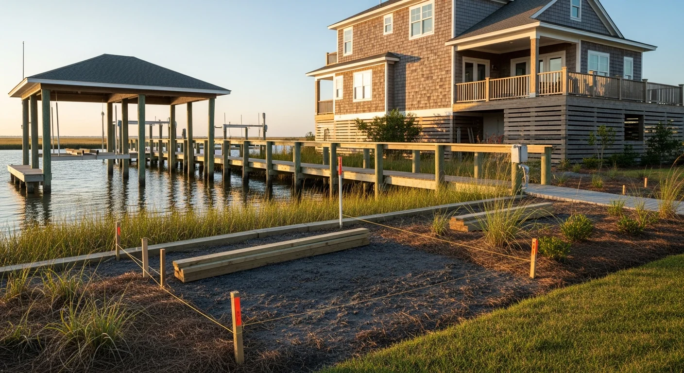 Waterfront home in Swansboro with dock and marsh view, showing coastal architecture and salt-tolerant landscaping.