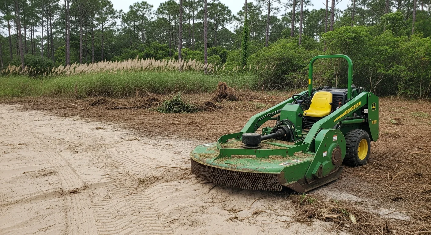 A Swansboro, NC rural lot after brush hogging, showing cleared ground with cut vegetation and open land visible across the property. Heavy-duty rotary mower equipment is positioned at the edge of the cleared area.