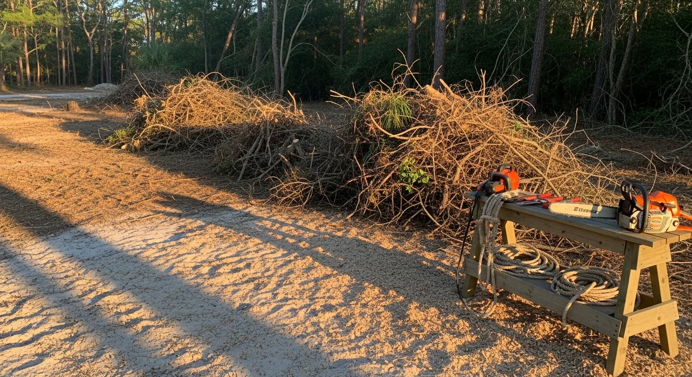 A cleared residential lot in Swansboro, NC with all brush, vines, and overgrown shrubs removed, leaving bare ground and defined property lines visible. Hall N Assets LLC land clearing equipment is staged at the edge of the cleaned site.