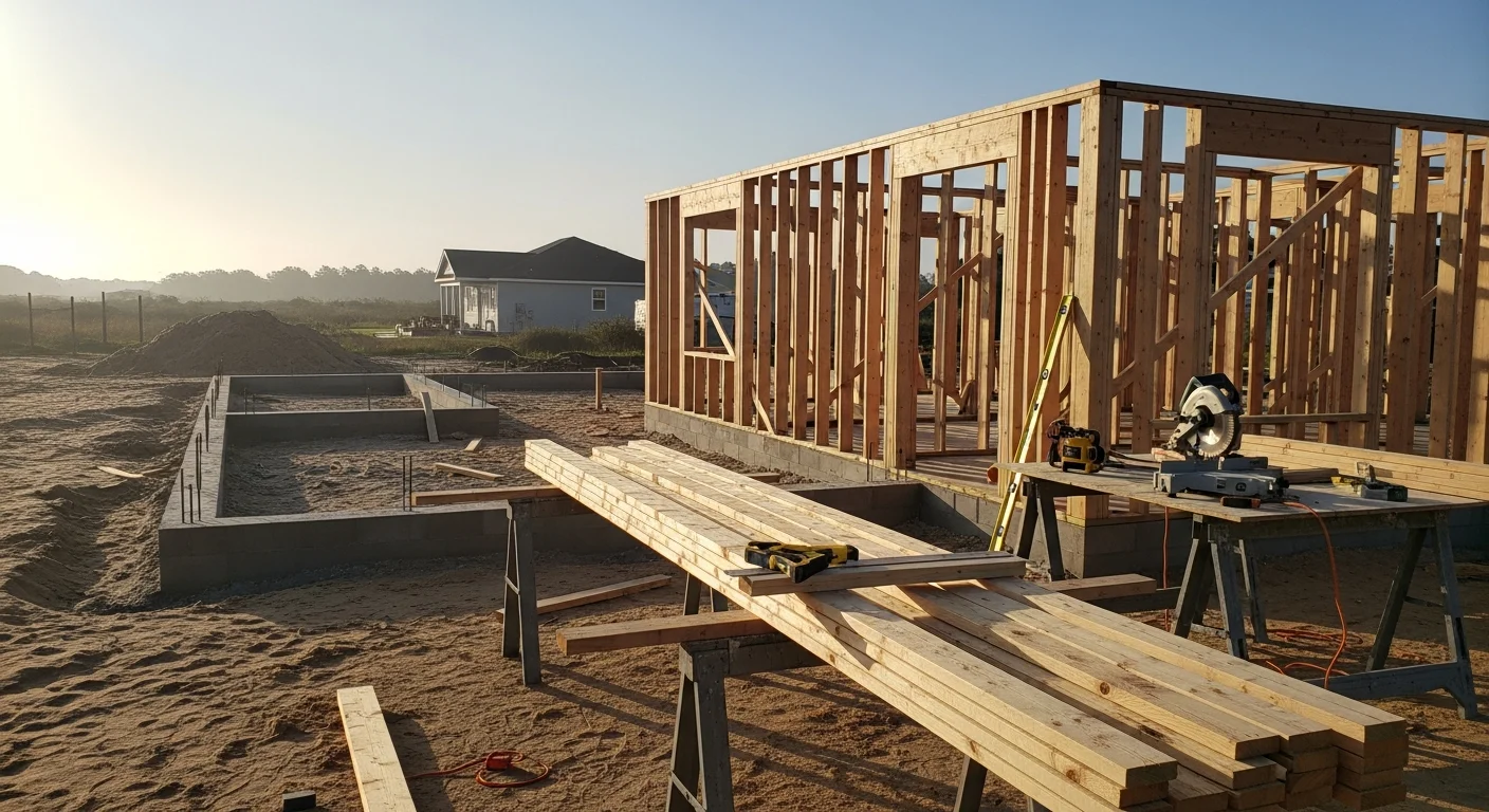 A general contractor construction project in Swansboro, NC showing a residential structure in progress with framing and site work visible. The coastal Onslow County setting is reflected in the grade-level lot and surrounding landscape.