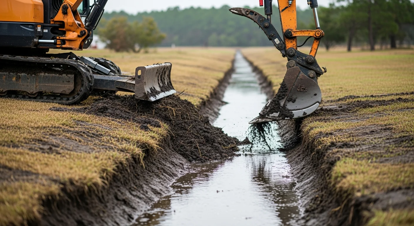 A freshly cleaned drainage ditch on a residential property in Swansboro, NC, with clear open channel banks and no sediment buildup. An excavator sits on the upland bank after removing debris and restoring the ditch slope.