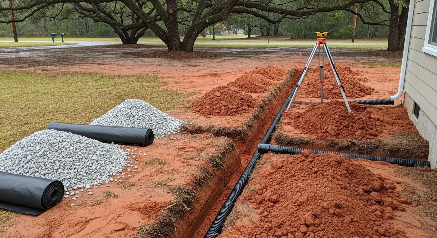 Excavated trench with drainage pipe being installed on a residential lot in Swansboro, NC. Surrounding soil shows the sandy-clay coastal composition typical of Carteret County properties near the White Oak River area.