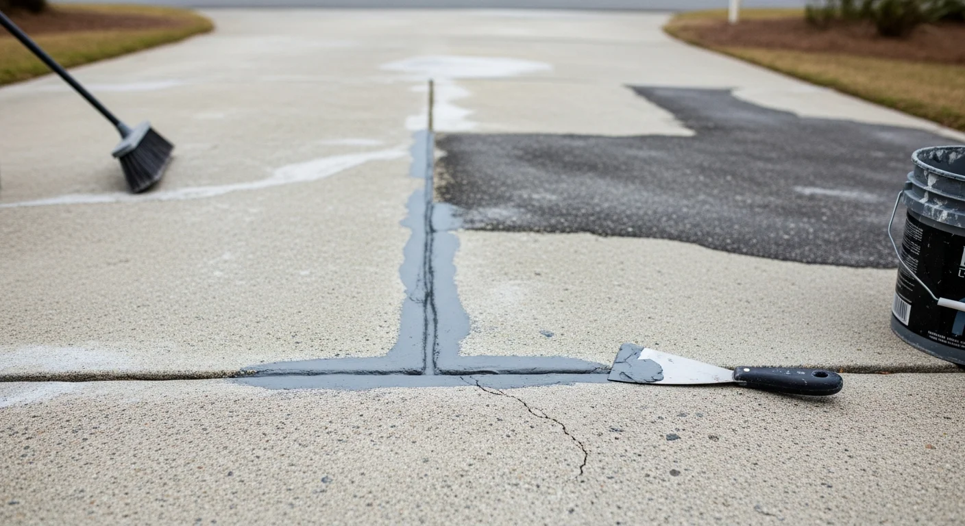 A repaired residential driveway in Swansboro, NC showing smooth, patched concrete surface with clean edges alongside a coastal-style home. Close view of filled cracks and resurfaced sections on a flat slab driveway in Onslow County.