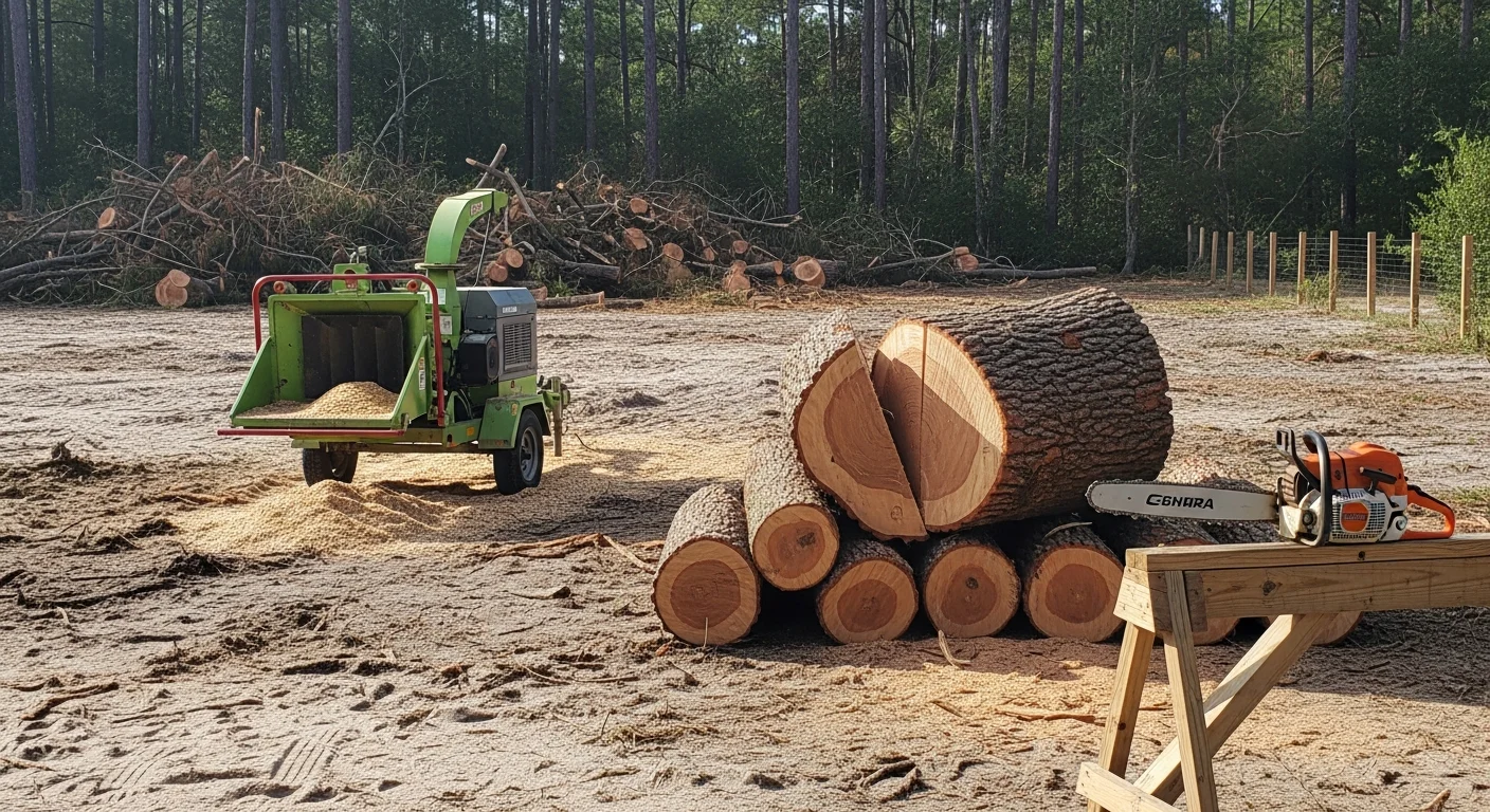 A large loblolly pine removed from a residential property in Swansboro, NC after storm damage, with the trunk sectioned and debris cleared from the yard. A crew member stands near the stump on a sandy coastal lot with the home visible in the background.