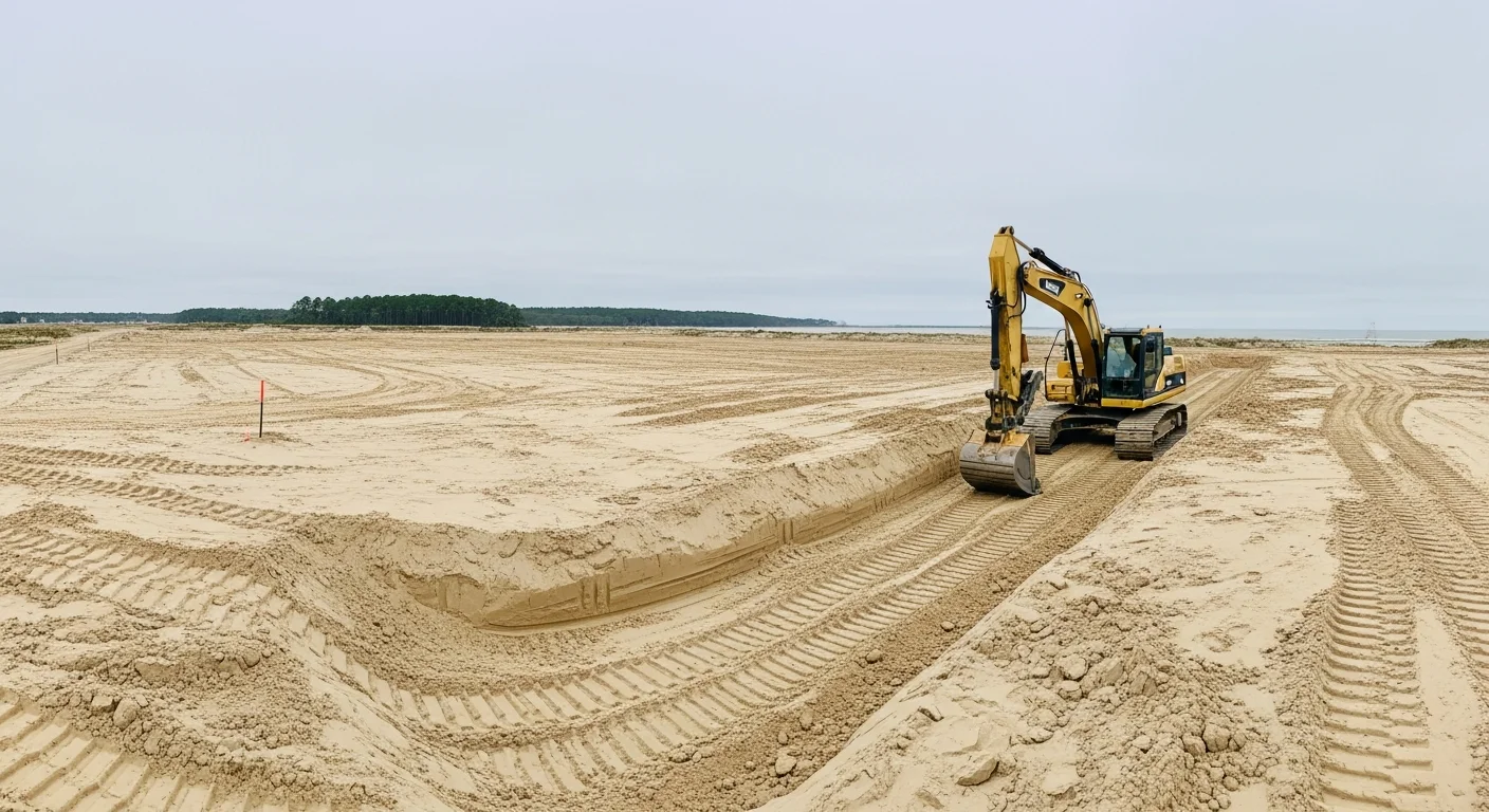 A tracked excavator digging a foundation cut on a cleared residential lot in Swansboro, NC, with sandy coastal soil visible along the trench walls. The surrounding area shows a partially wooded lot typical of Carteret County new construction sites.