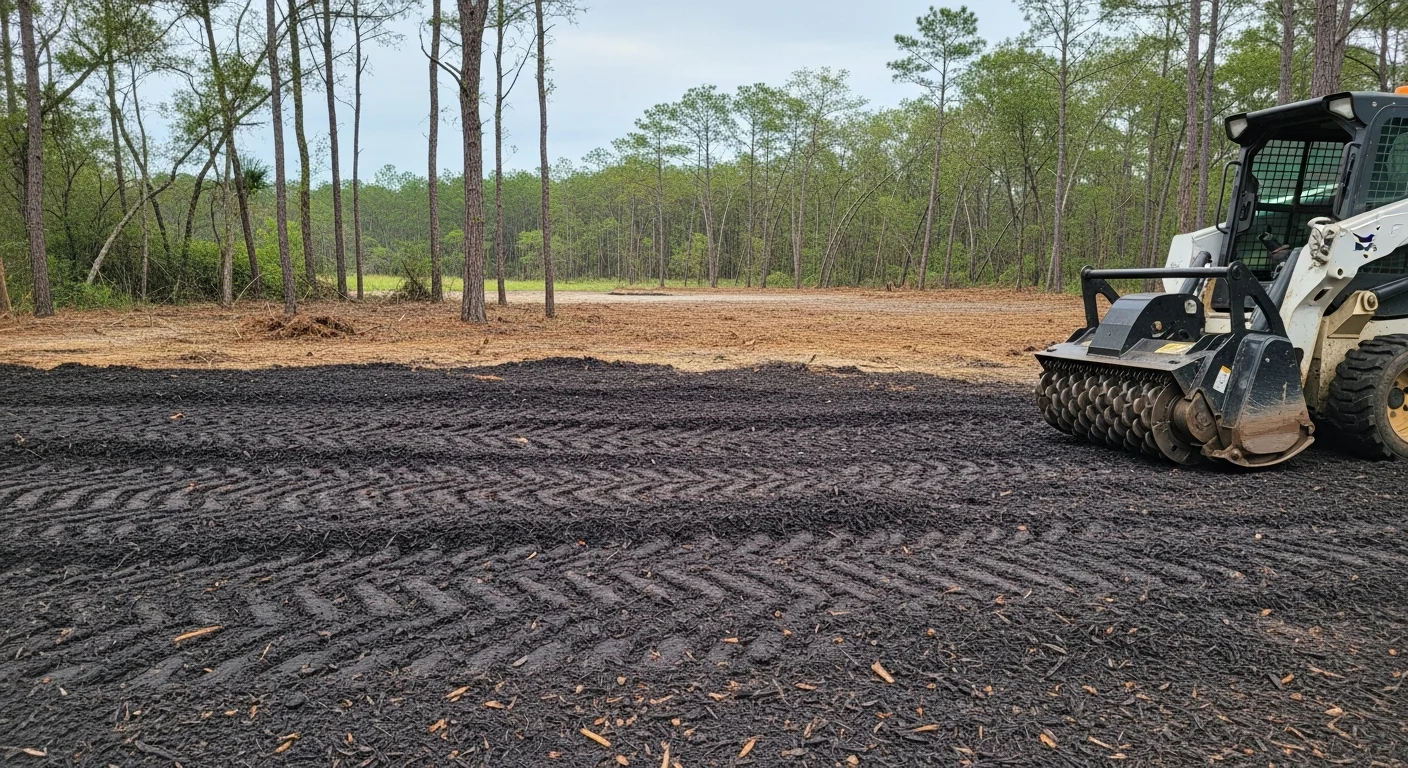 A Swansboro, NC wooded lot cleared by forestry mulching, showing open ground covered with a layer of shredded mulch and several mature trees left standing. The cleared area borders a coastal plain tree line typical of Onslow County properties.