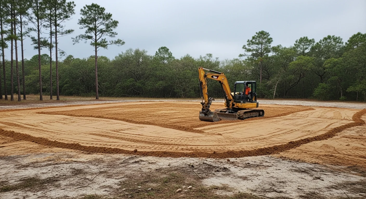 A graded residential lot in Swansboro, NC with smooth, sloped soil prepared for construction. Heavy equipment tracks are visible across the leveled ground, with a cleared site ready for a building pad.
