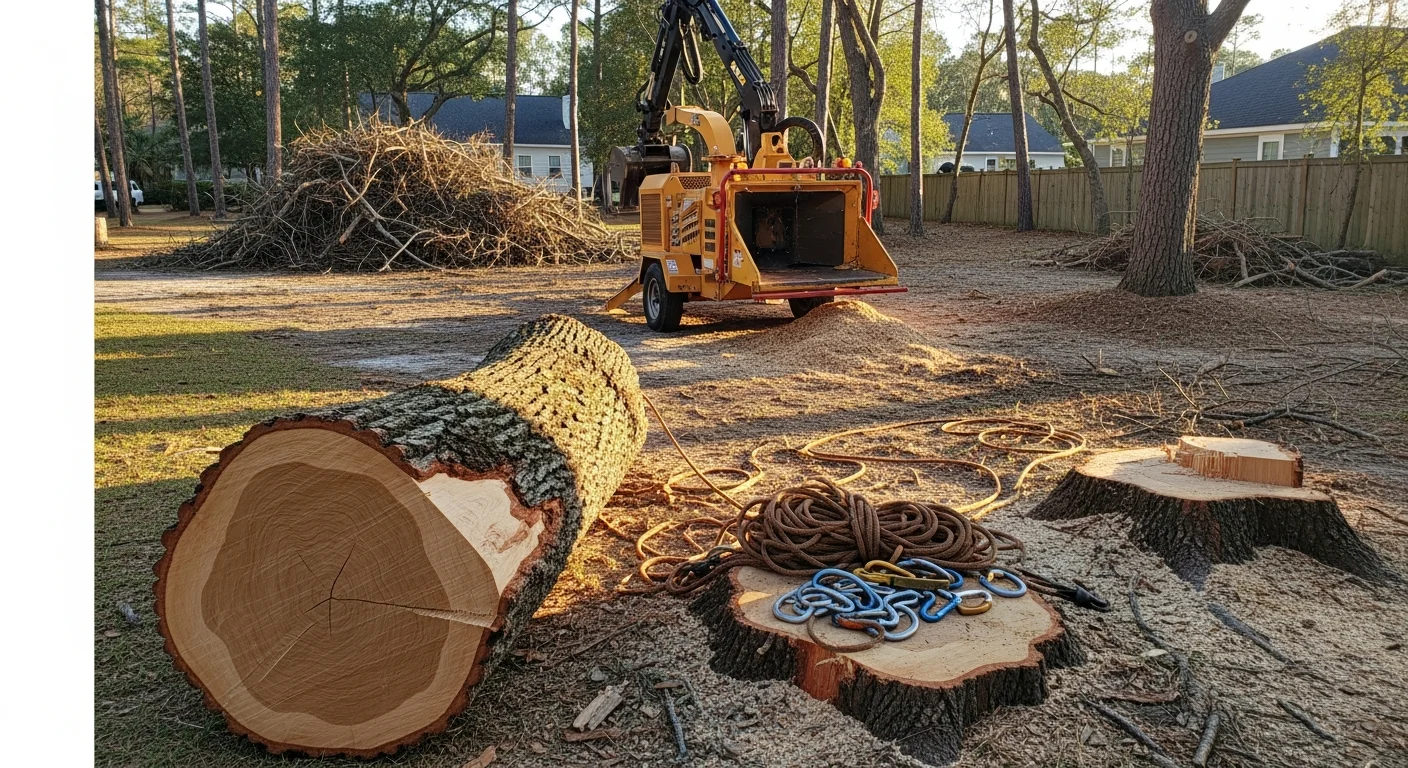 A hazardous tree with visible trunk decay being removed in sections by a tree service crew in a residential yard in Swansboro, NC. Ropes and rigging are used to lower cut sections away from a nearby home.