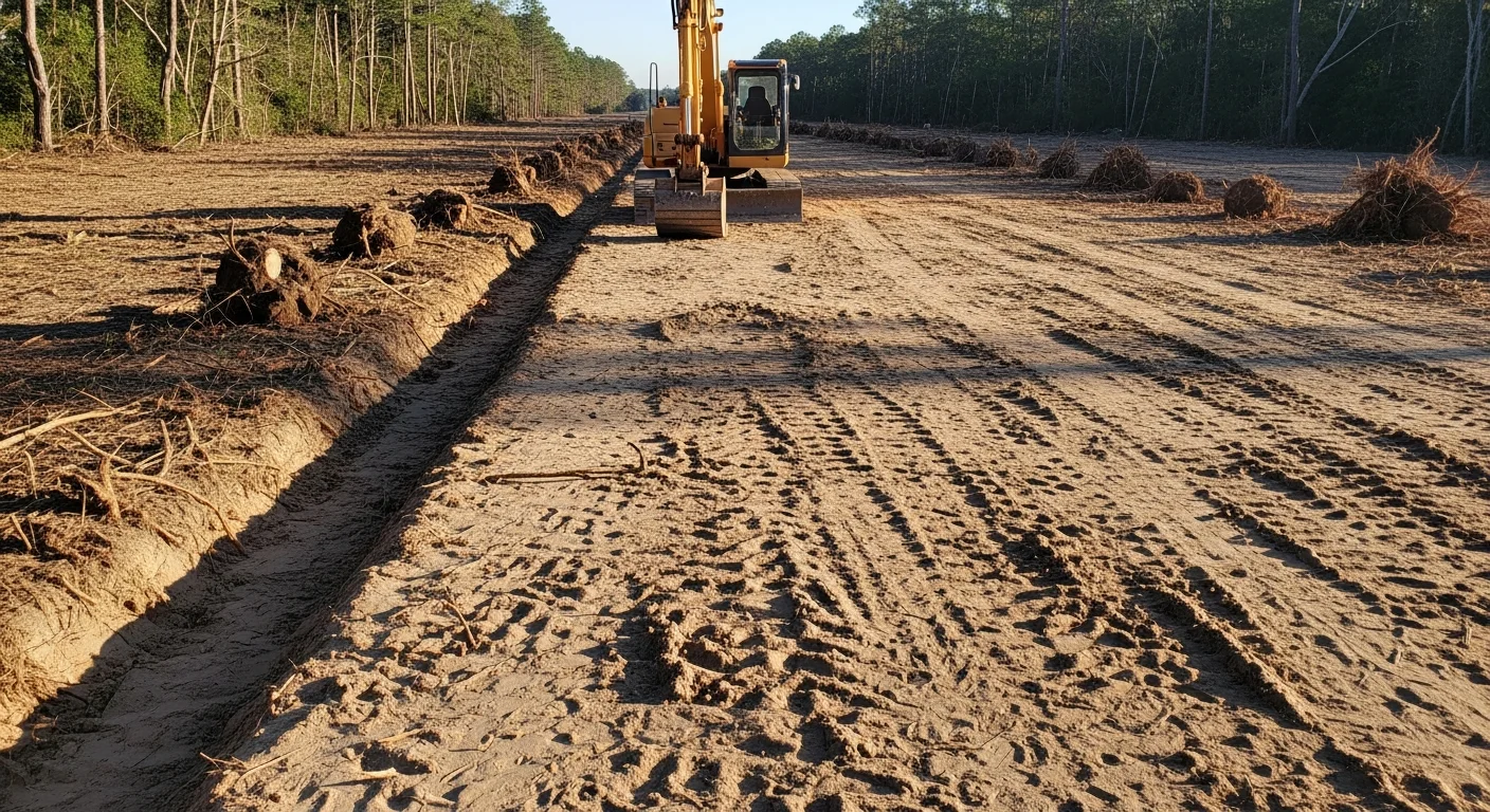 A freshly cleared residential lot in Swansboro, NC with stumps removed, ground leveled, and sandy coastal soil exposed and ready for construction. Heavy equipment sits at the edge of the cleared site near a tree line.