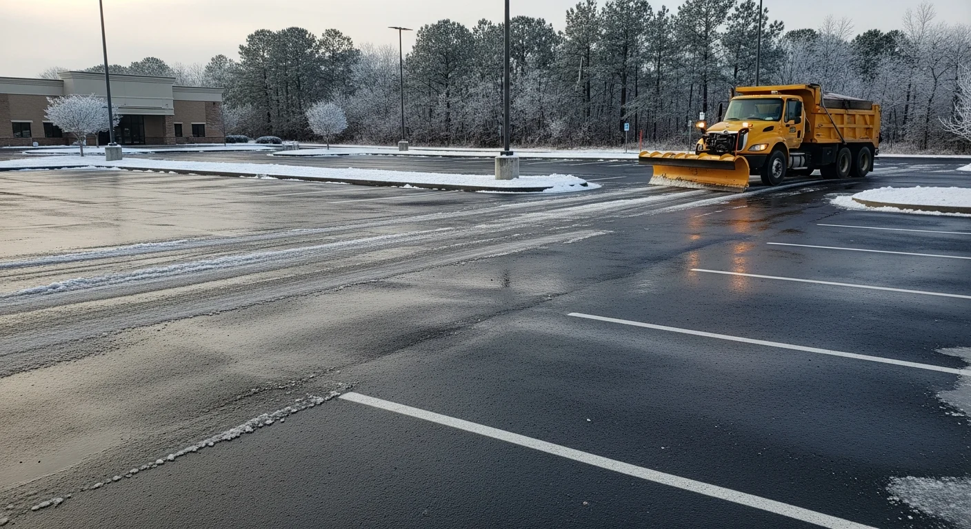 A commercial parking lot in Swansboro, NC with snow cleared from driving lanes and stalls, snow pushed to the lot perimeter. A plow truck from Hall N Assets LLC is visible completing a final pass near the lot entrance.