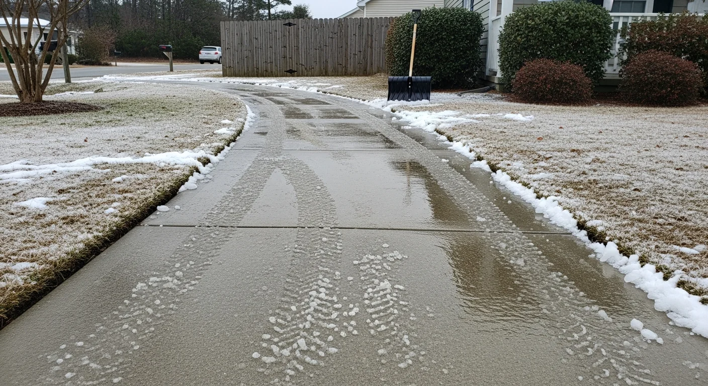 A fully cleared residential sidewalk in Swansboro, NC with snow and ice removed from the concrete surface after a winter storm. The adjacent lawn still shows snow accumulation while the walkway path is open and bare.