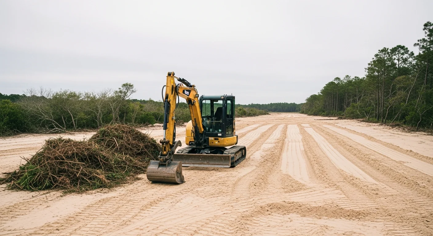 A graded and cleared residential lot in Swansboro, NC with compacted soil and level ground ready for foundation work. An excavator sits at the edge of the prepared site with coastal vegetation visible in the background.