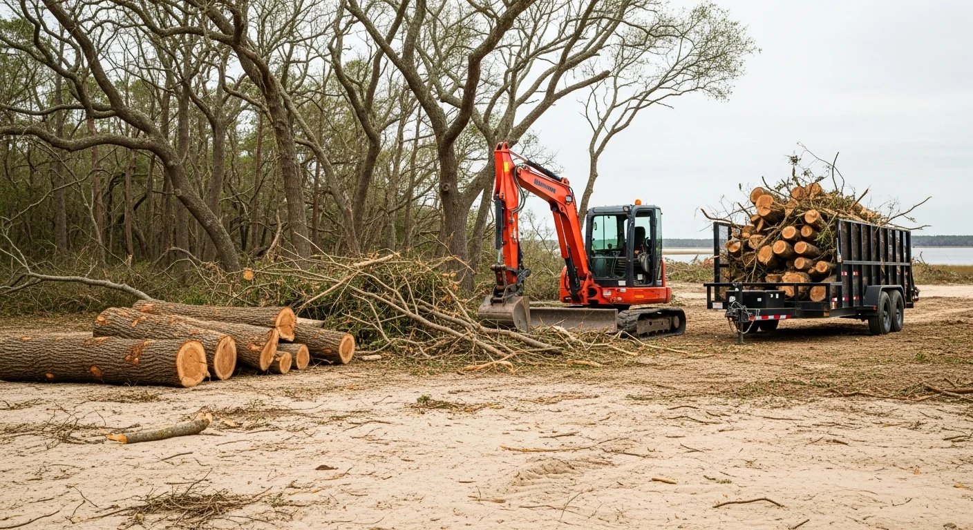 A cleared residential lot in Swansboro, NC showing a clean ground surface after storm debris removal, with cut tree sections and brush hauled away. A land clearing machine is visible at the edge of the property near a tree line.