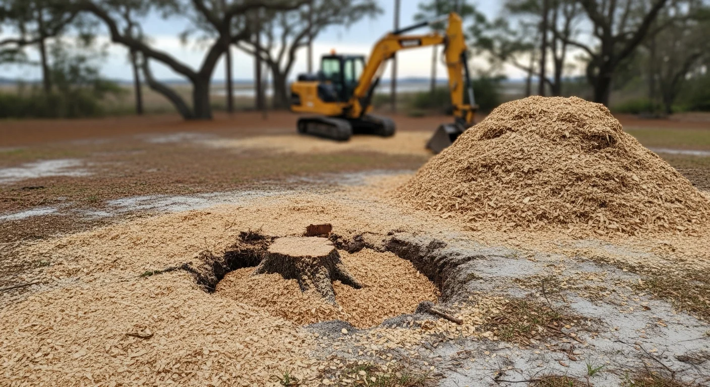 A freshly ground tree stump in a residential Swansboro, NC backyard, with wood chips spread across the ground where the stump once stood. The surrounding lawn and coastal vegetation remain undisturbed after the Hall N Assets LLC stump grinding service.