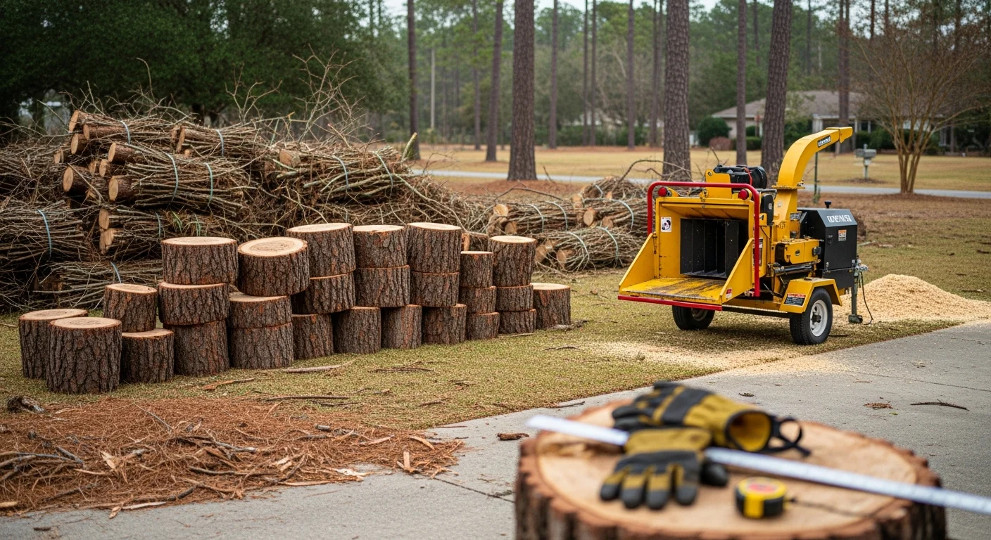 A cleared residential backyard in Swansboro, NC after tree disposal, showing bare ground where a large tree and its debris once stood. A Hall N Assets LLC truck is visible in the driveway with a loaded debris haul ready for removal.