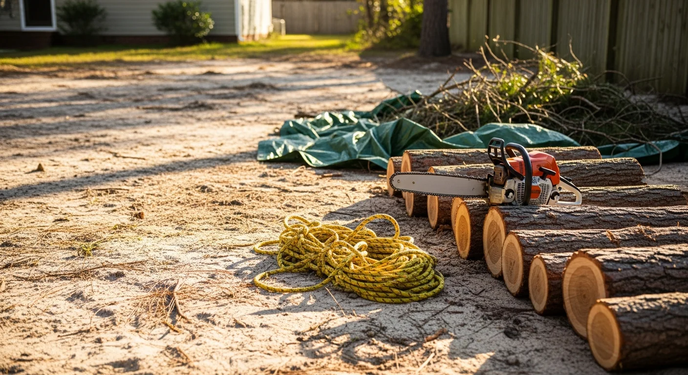 A large loblolly pine being sectioned and removed from a residential yard in Swansboro, NC, with cut limbs stacked near the curb and the home's roofline visible in the background. A tree service crew member in safety gear operates near the base of the felled trunk on a sandy coastal lot.