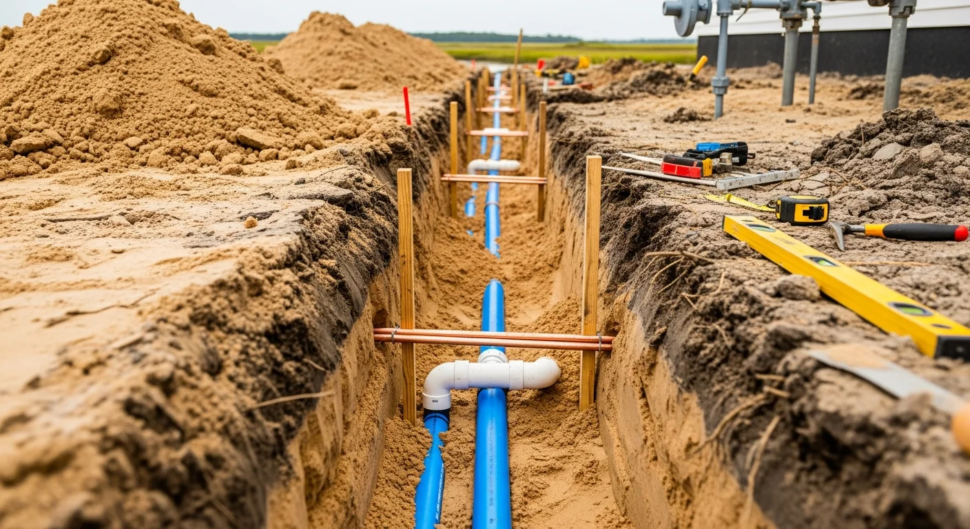 Underground utility lines being installed in a sandy coastal lot in Swansboro, NC, with open trenches showing water and sewer pipe runs staged for inspection. A general contractor crew from Hall N Assets LLC works on site near a cleared residential build pad.